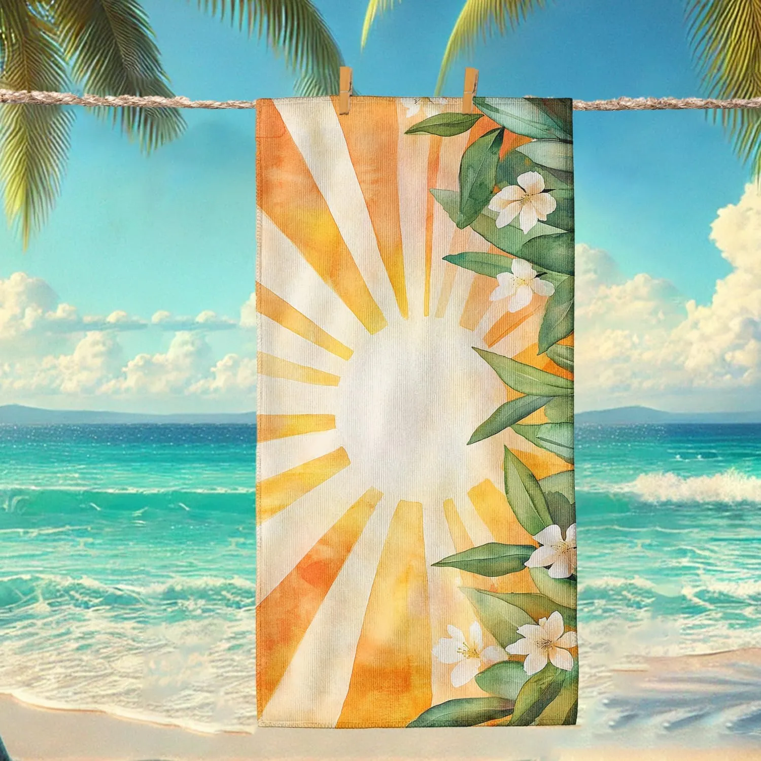Sunrise Floral Microfiber Beach Towel Extra Large Tropical Sun Design Quick Dry Absorbent Sand Free Lightweight Cover-up for Outdoor Travel Picnic Essentials 62x31 Inch