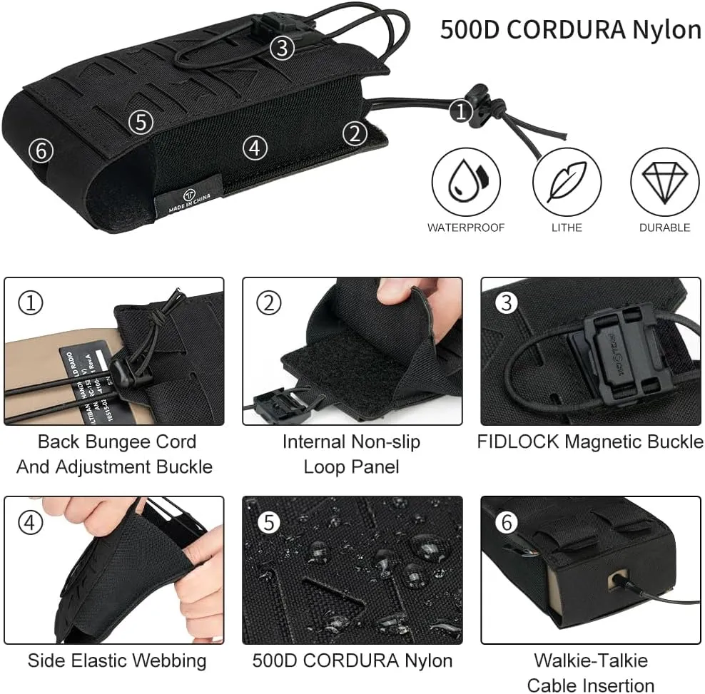 Tactical Radio Pouch MOLLE Radio Holster Compatible with 148/152 MPU5 Baofeng Radio Case Bag Walkie Talkies Rifle Mag with Elastic Cord 500D Nylon