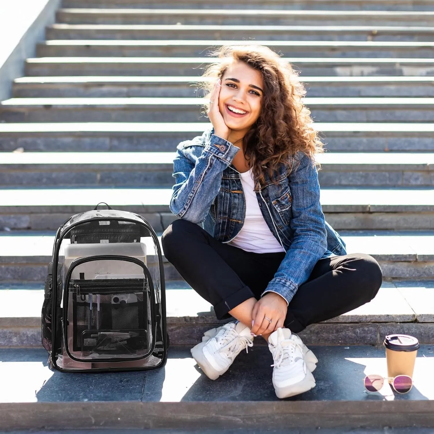 Telena Clear Backpack with Multi-pockets, Heavy Duty TPU Transparent Bag with Reinforced Straps, Large See Through Bookbag for College, Work - Black