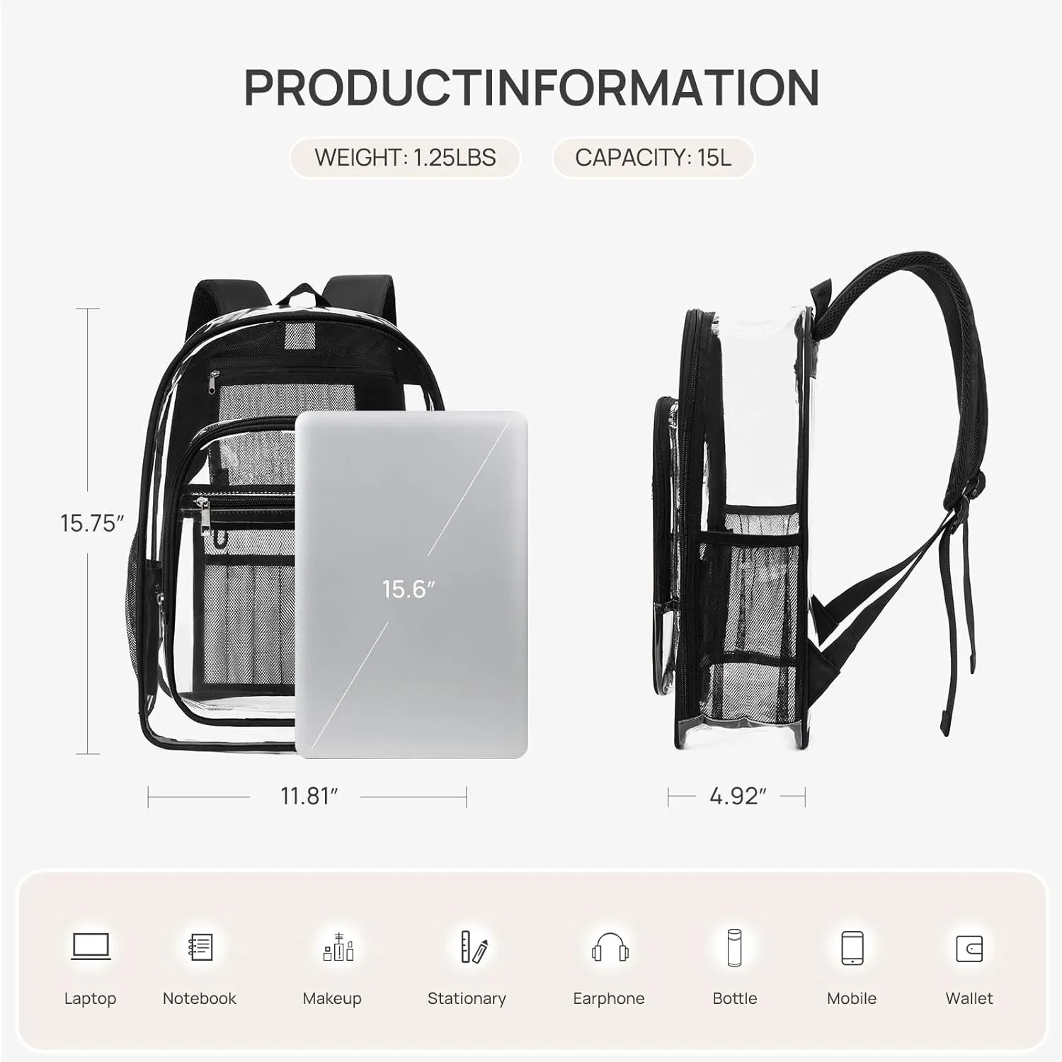 Telena Clear Backpack with Multi-pockets, Heavy Duty TPU Transparent Bag with Reinforced Straps, Large See Through Bookbag for College, Work - Black