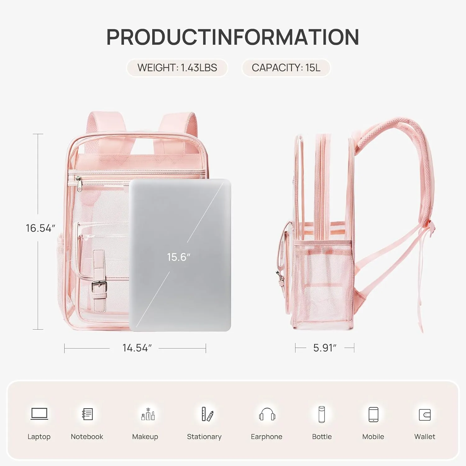 Telena Clear Backpack with Multi-pockets, Heavy Duty TPU Transparent Bag with Reinforced Straps, Large See Through Bookbag for College, Work - Pink