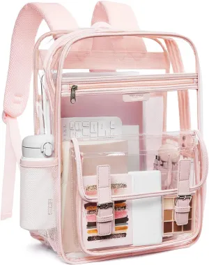 Telena Clear Backpack with Multi-pockets, Heavy Duty TPU Transparent Bag with Reinforced Straps, Large See Through Bookbag for College, Work - Pink