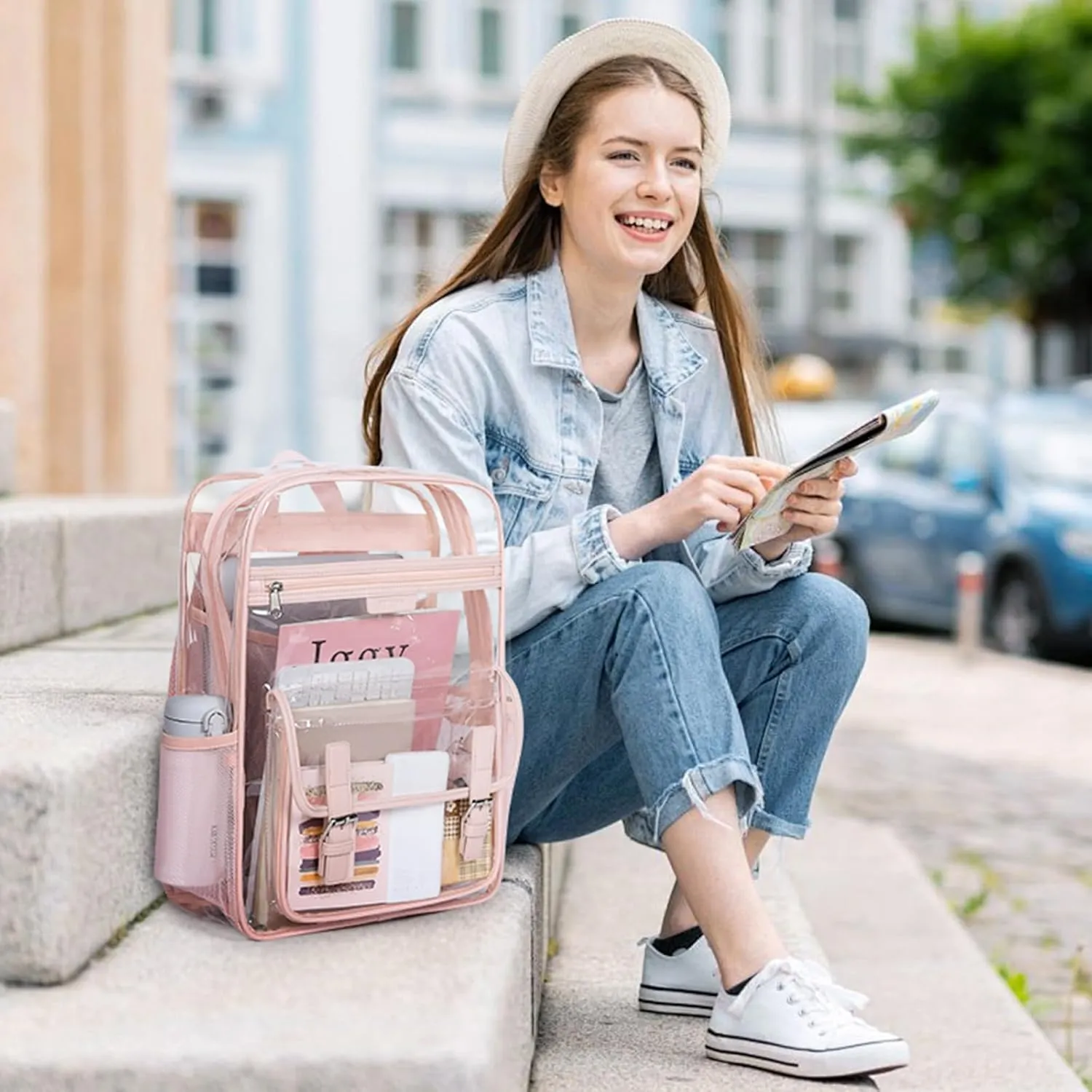 Telena Clear Backpack with Multi-pockets, Heavy Duty TPU Transparent Bag with Reinforced Straps, Large See Through Bookbag for College, Work - Pink