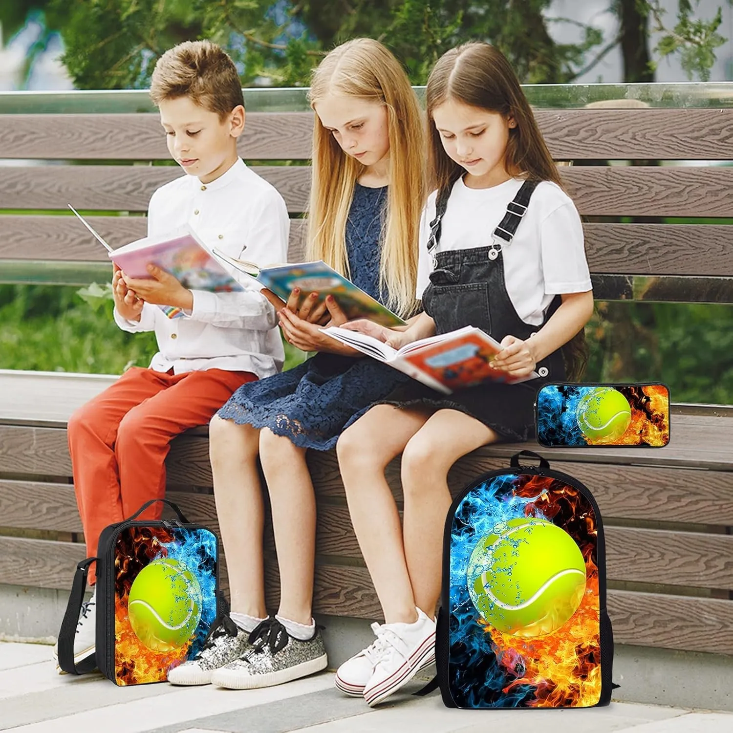 Tennis Backpack Set for School,17 Inch Casual School Bags with Lunch Box, Kids Daypack Bags and Pencil Case Set for Teens Boys Men Students
