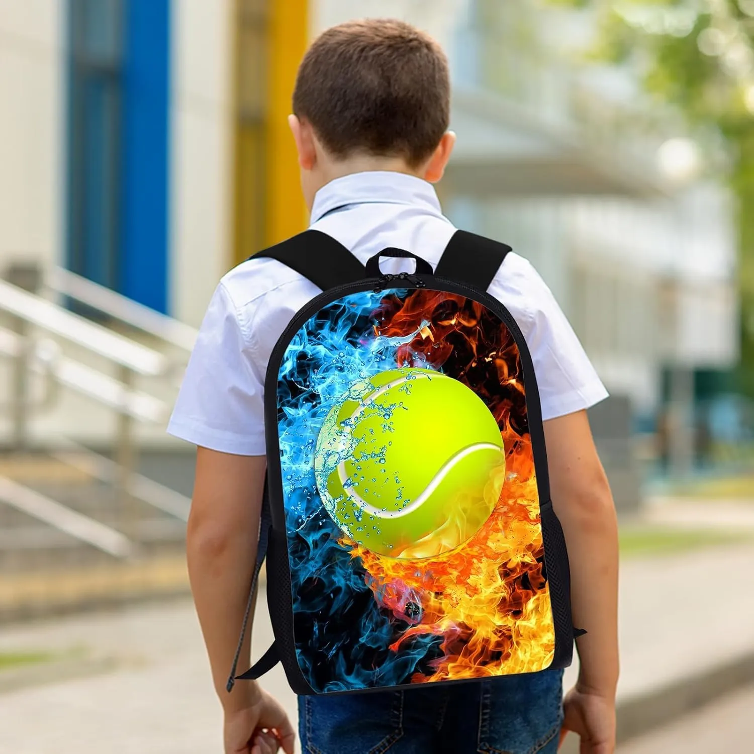 Tennis Backpack Set for School,17 Inch Casual School Bags with Lunch Box, Kids Daypack Bags and Pencil Case Set for Teens Boys Men Students
