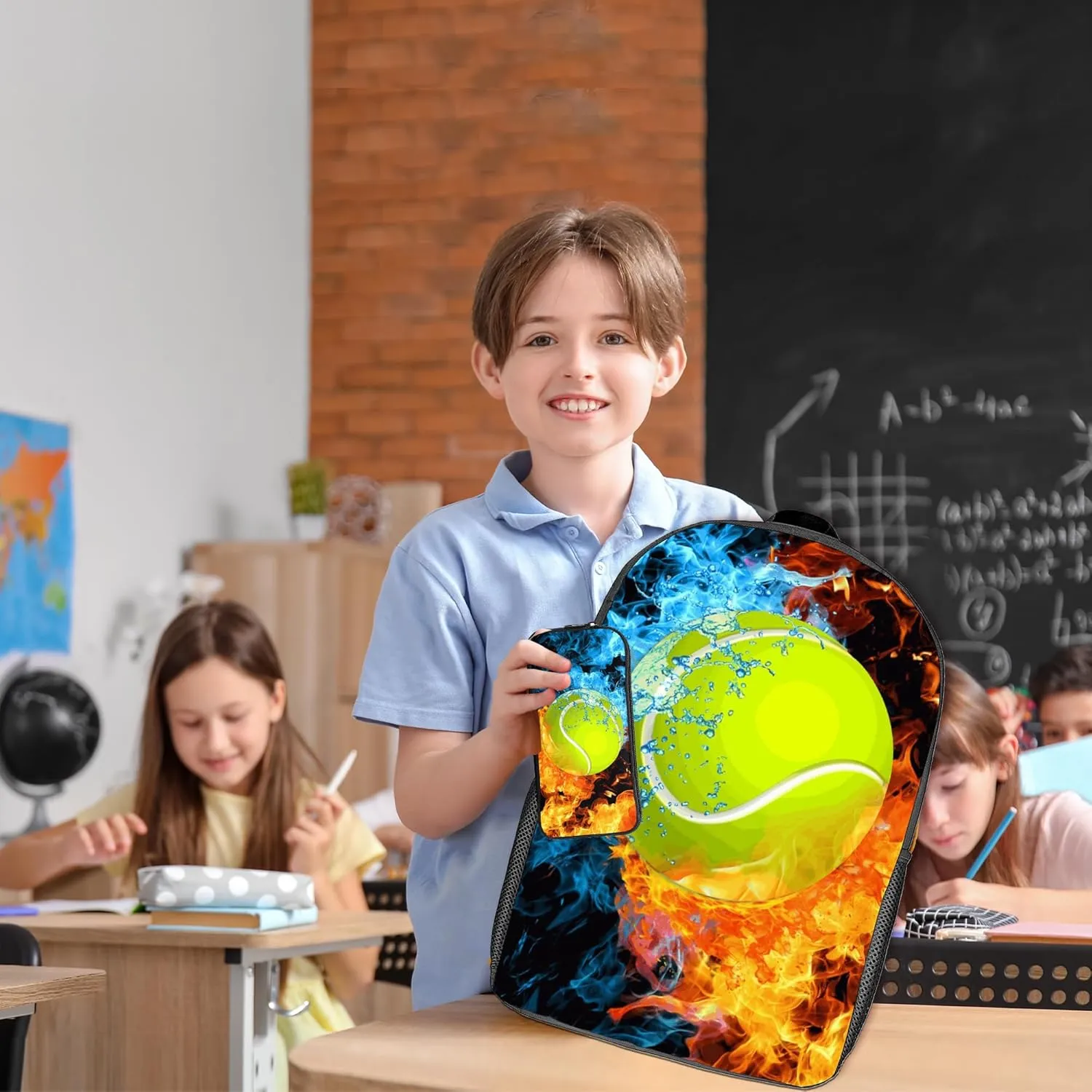 Tennis Backpack Set for School,17 Inch Casual School Bags with Lunch Box, Kids Daypack Bags and Pencil Case Set for Teens Boys Men Students