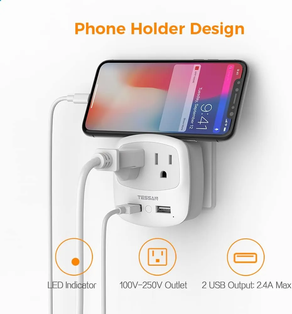 TESSAN New Zealand Australia Plug Adapter, Type I Travel Adaptor with 2 USB Ports 2 American Outlets, US to Australian AU Fiji Argentina China Charger Power Converter