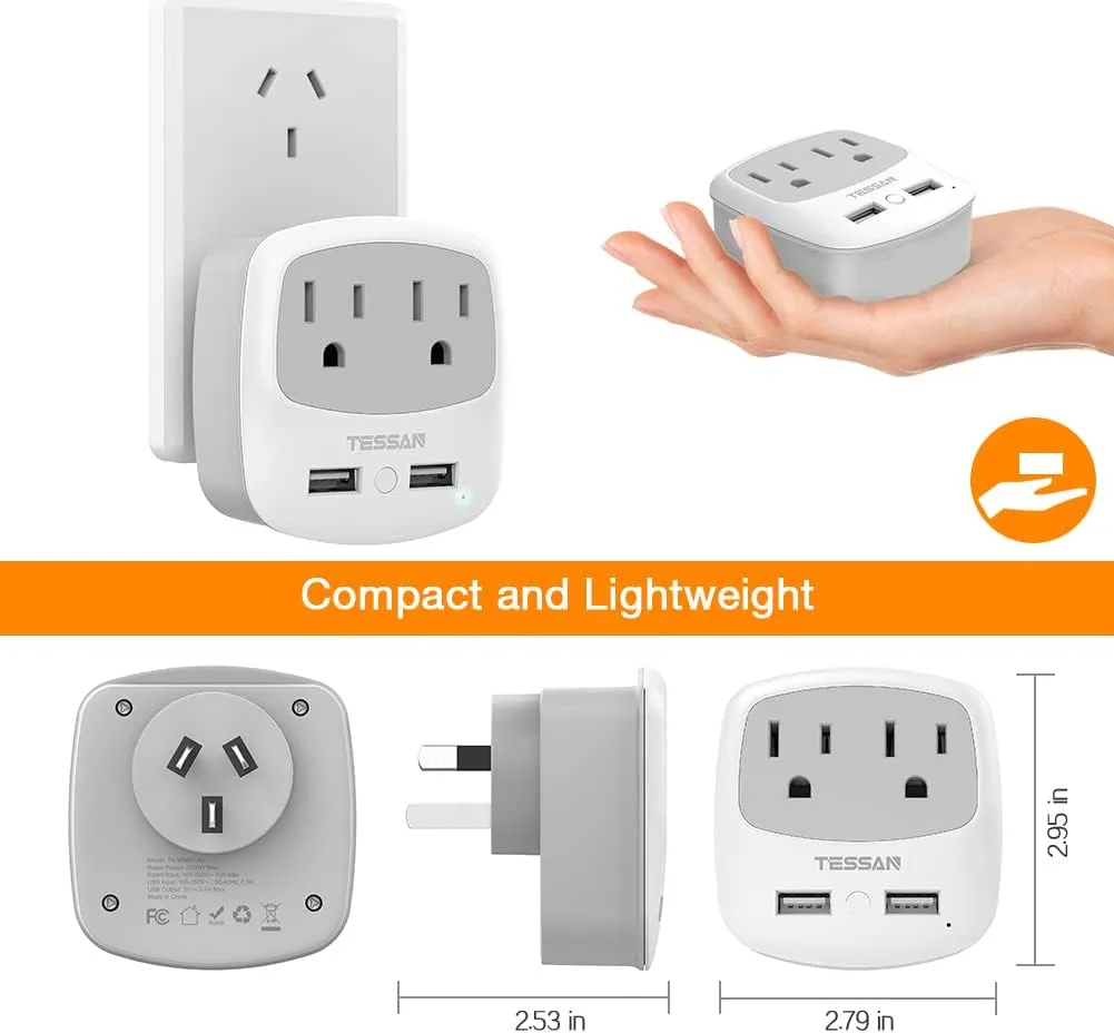 TESSAN New Zealand Australia Plug Adapter, Type I Travel Adaptor with 2 USB Ports 2 American Outlets, US to Australian AU Fiji Argentina China Charger Power Converter