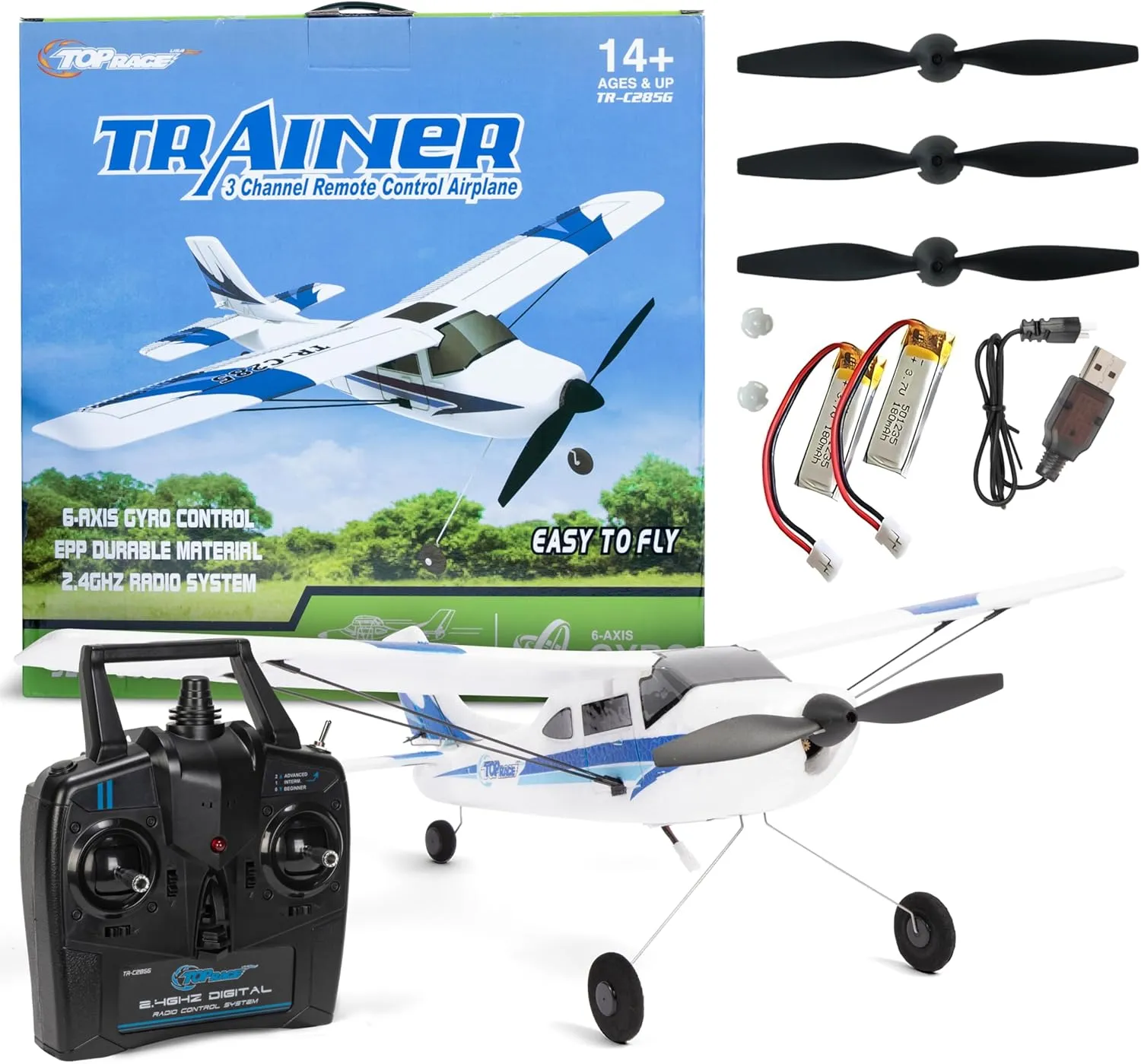 Top Race Remote Control Airplane - RC Plane 3 Channel Battery-Powered - Radio Control Airplanes for Adults and Kids 8  - Easter Gift Toy - Easy to Control Electric Planes with Propeller Saver