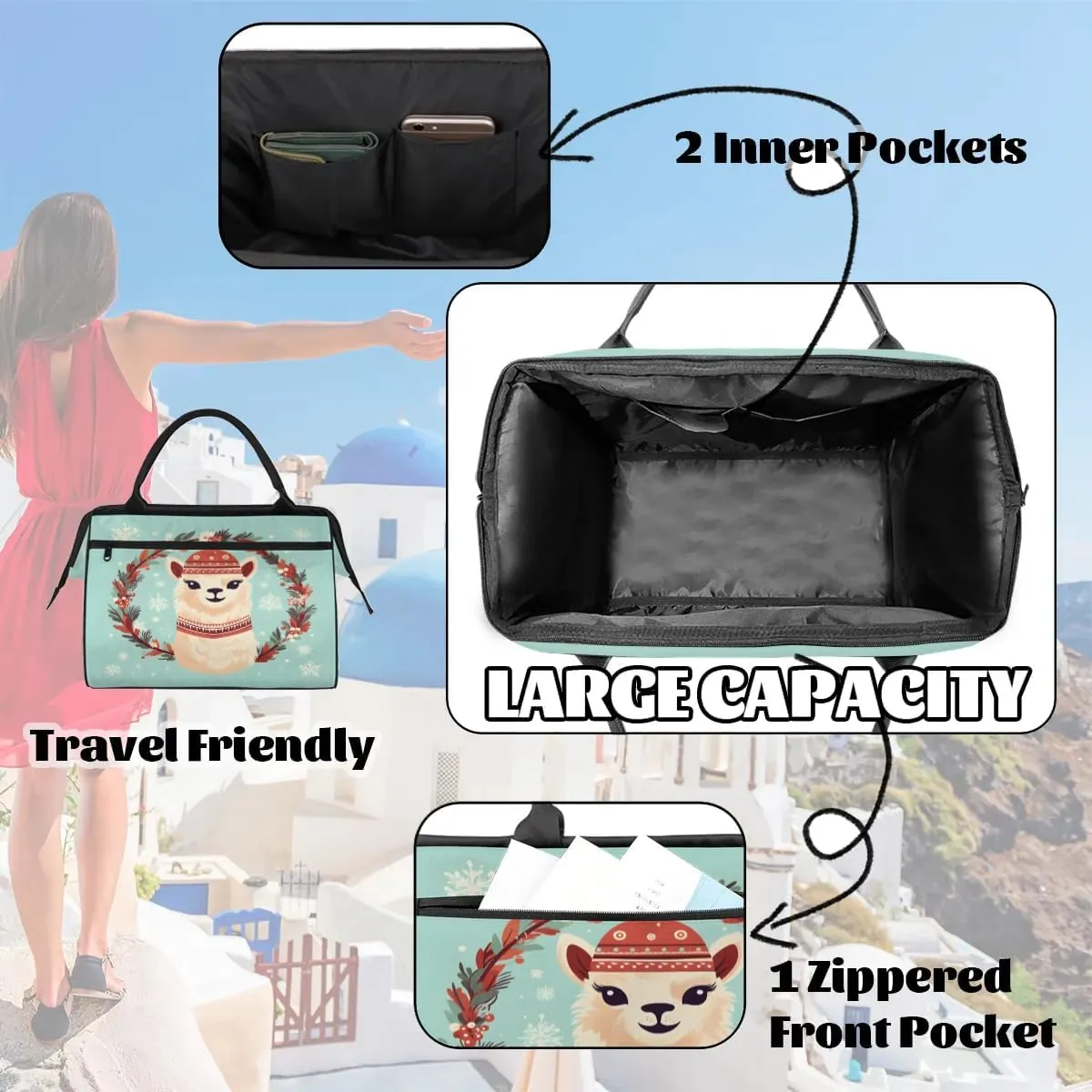 Travel Duffel Bag for Women, Christmas Alpaca Weekender Overnight Bag Carry on Beach Swim Bags Dance Bag Airlines Approved Personal Item Travel Bag for Yoga, Sports, Hospital