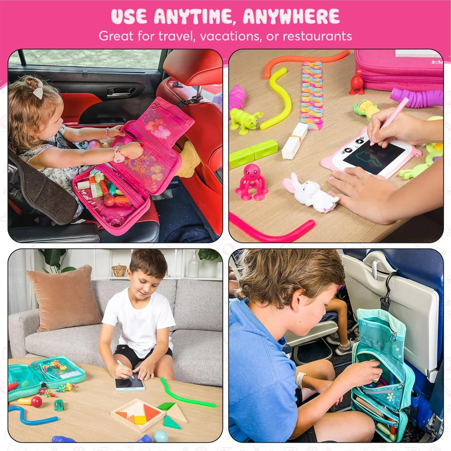 Travel Essentials for Kids – All-in-One Activity Kit for Travel, Road Trip Activities for Kids - Hanging Bag, Includes Toys and Activities for Airplanes, Hotels - Boys & Girls 1-3 Years (Pink)