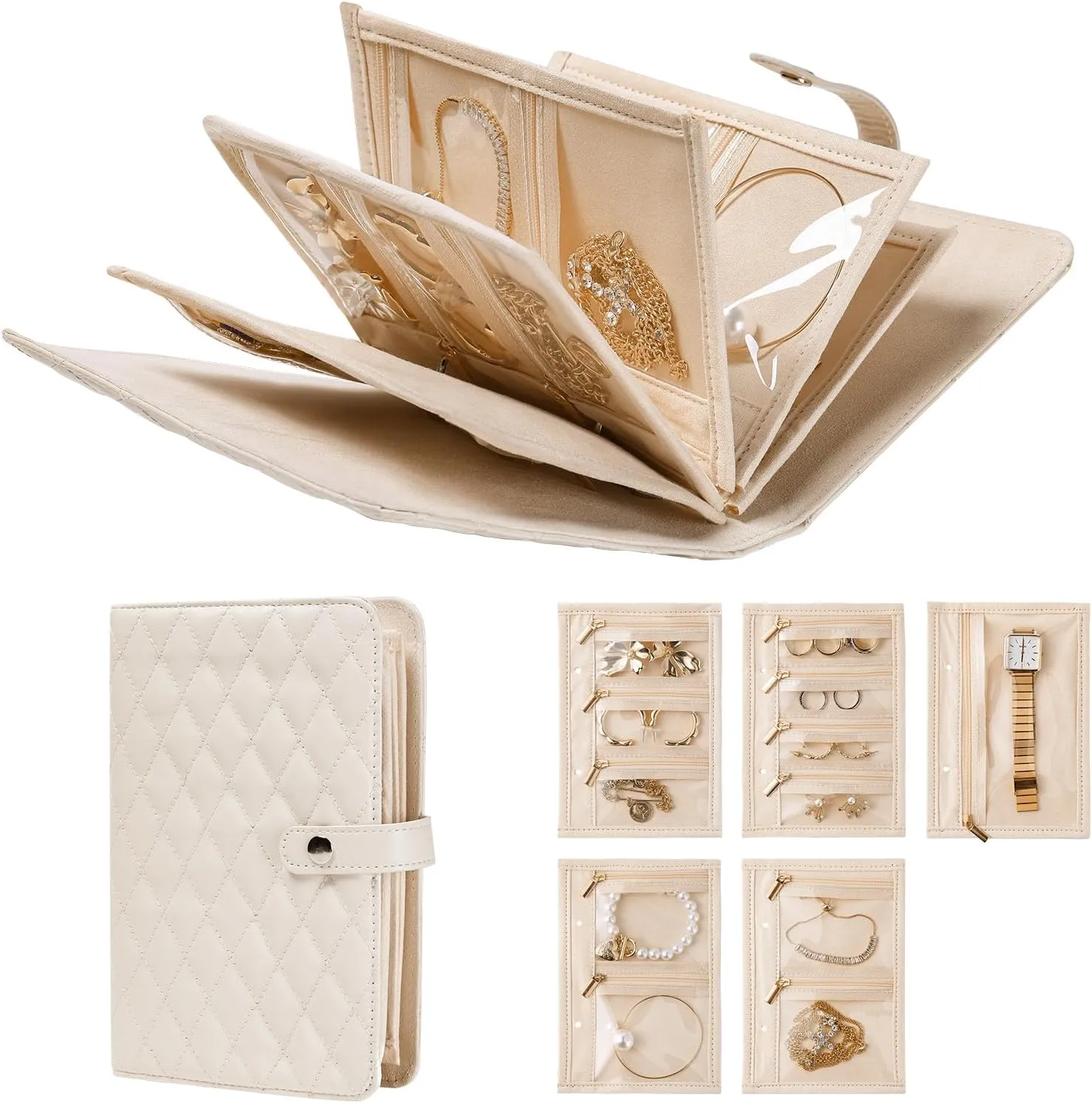 Travel Jewelry Organizer Box, Portable Jewelry Storage Book Bag with Zipper Binder and Velvet Clear Pouches, Valentine Gifts for Women, Jewelry Case for Earrings, Necklace, Ring, Cream White