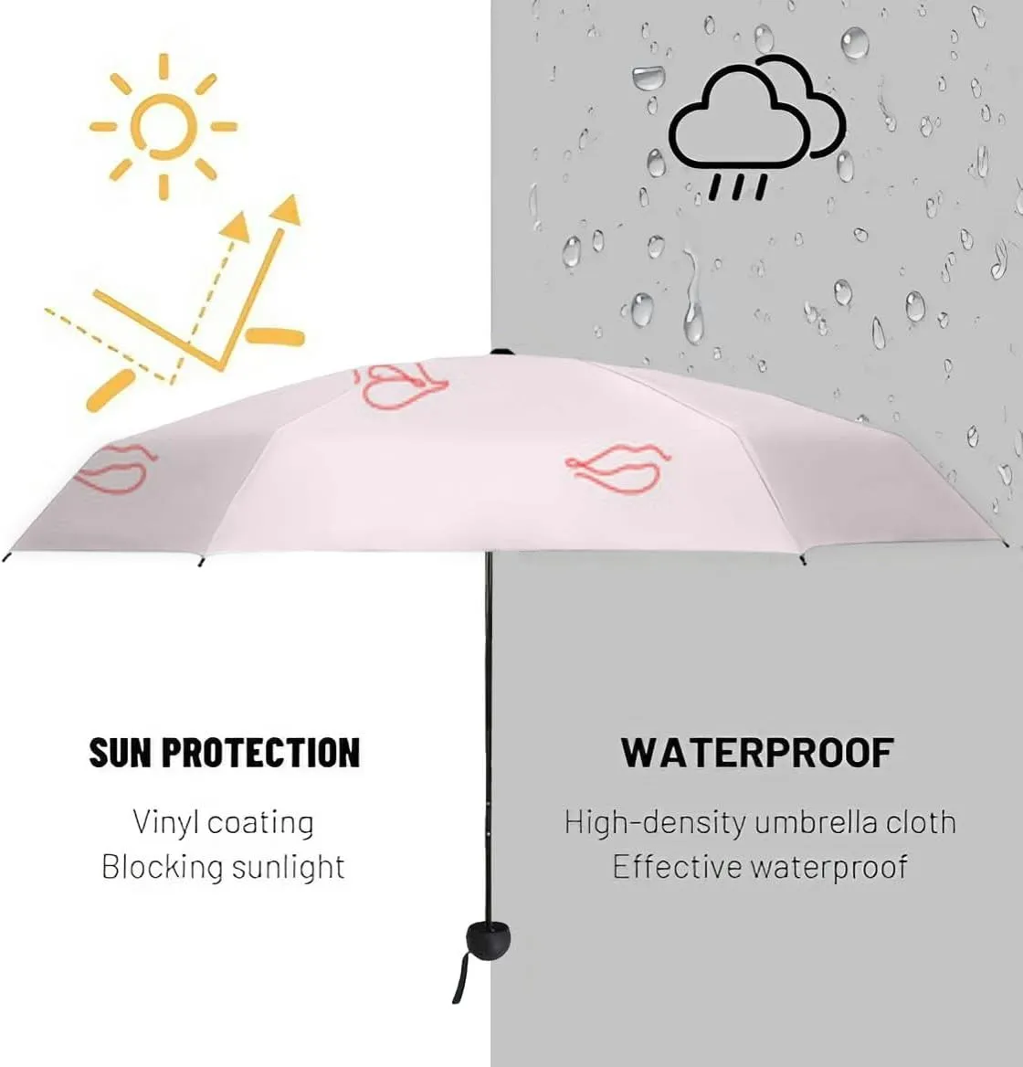 Travel Umbrella for Rain Windproof Watercolor pink lips mouth allover print Air kiss Kiss an an Cute Portable Compact Mini Umbrella for Women Purse Backpack Car Black Sun UV Protection