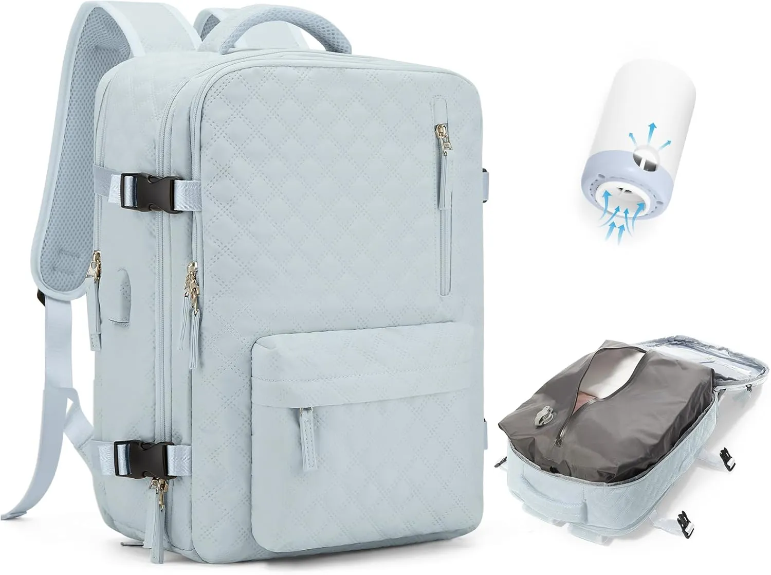 Travel Vacuum Storage Backpack with Air Pump Vacuum Seal Compression Space Saver Bags Clothing Vacpack Airback 18x14x8 inches Travel Bag Carry on Personal item Laptop Work Backpacks Women LightBlue