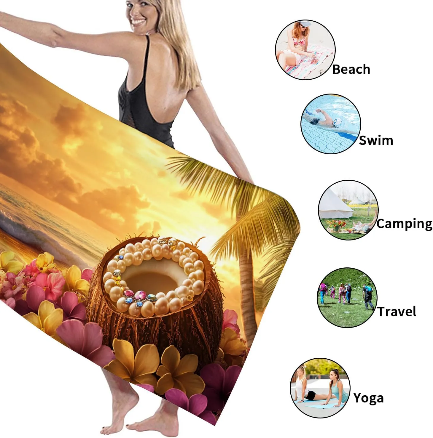 Tropical Floral Microfiber Beach Towel Coconut Shell Vibrant Colorful Design, Quick Dry Soft Absorbent Sand Free Lightweight Beach Blanket, Vacation Pool Picnic Essentials 62x31 Inch