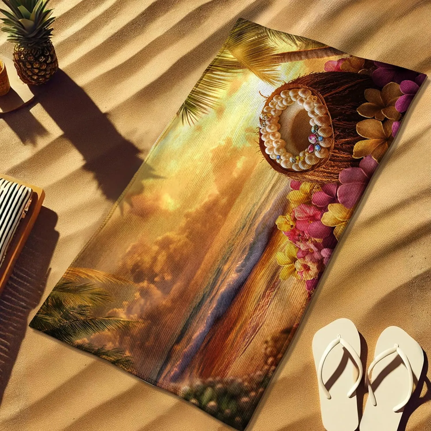 Tropical Floral Microfiber Beach Towel Coconut Shell Vibrant Colorful Design, Quick Dry Soft Absorbent Sand Free Lightweight Beach Blanket, Vacation Pool Picnic Essentials 62x31 Inch