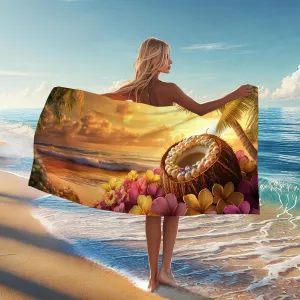 Tropical Floral Microfiber Beach Towel Coconut Shell Vibrant Colorful Design, Quick Dry Soft Absorbent Sand Free Lightweight Beach Blanket, Vacation Pool Picnic Essentials 62x31 Inch