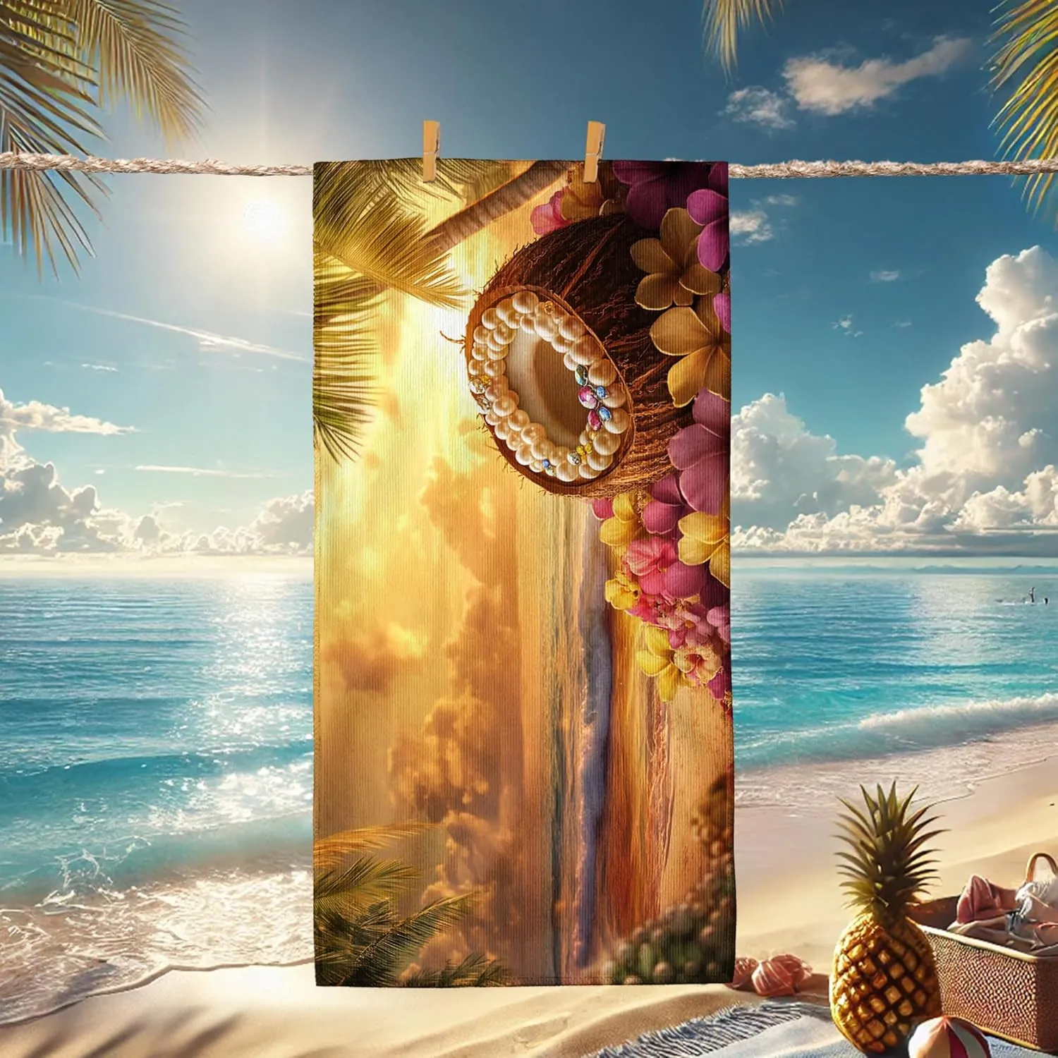 Tropical Floral Microfiber Beach Towel Coconut Shell Vibrant Colorful Design, Quick Dry Soft Absorbent Sand Free Lightweight Beach Blanket, Vacation Pool Picnic Essentials 62x31 Inch