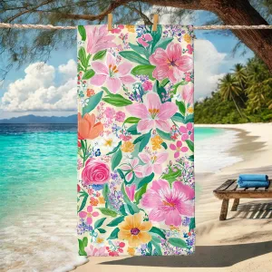Tropical Floral Microfiber Beach Towel Peach Hibiscus Botanical Print Quick Dry Absorbent Sand Free Lightweight Beach Blanket Vacation Picnic Essential 62x31 Inch