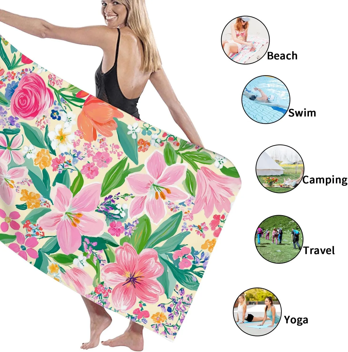 Tropical Floral Microfiber Beach Towel Peach Hibiscus Botanical Print Quick Dry Absorbent Sand Free Lightweight Beach Blanket Vacation Picnic Essential 62x31 Inch