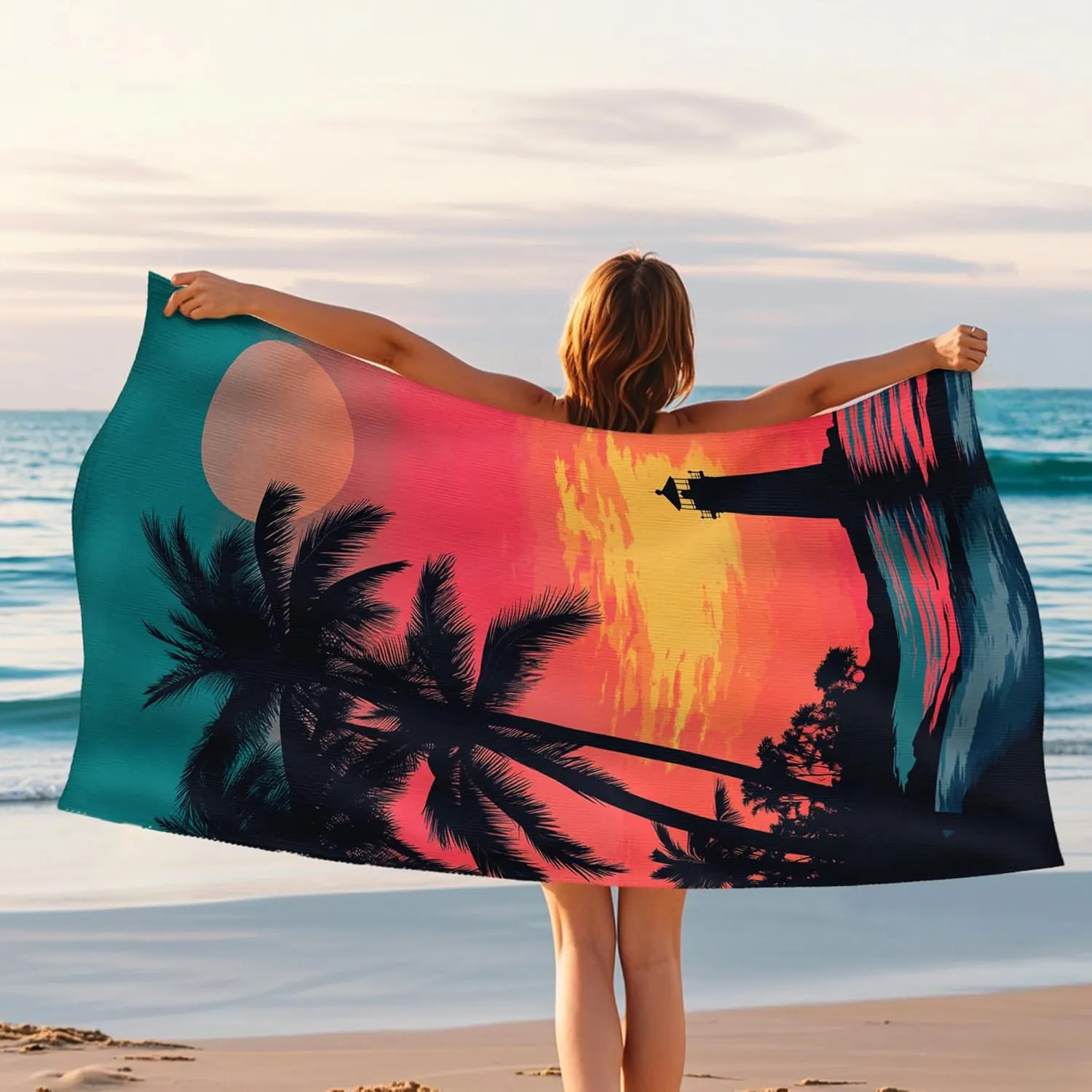 Tropical Sunset Microfiber Beach Towel Palm Trees Vibrant Design Quick Dry Sand Free Absorbent Lightweight Beach Blanket, Pool Picnic Travel Essentials 70x35 Inch