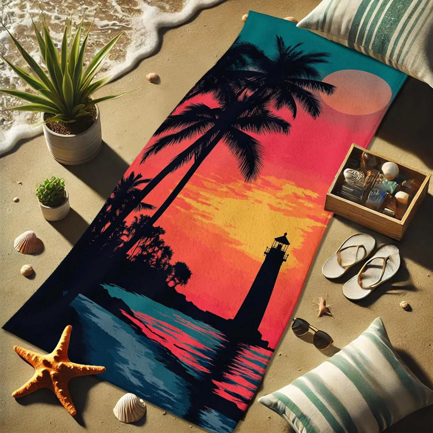 Tropical Sunset Microfiber Beach Towel Palm Trees Vibrant Design Quick Dry Sand Free Absorbent Lightweight Beach Blanket, Pool Picnic Travel Essentials 70x35 Inch