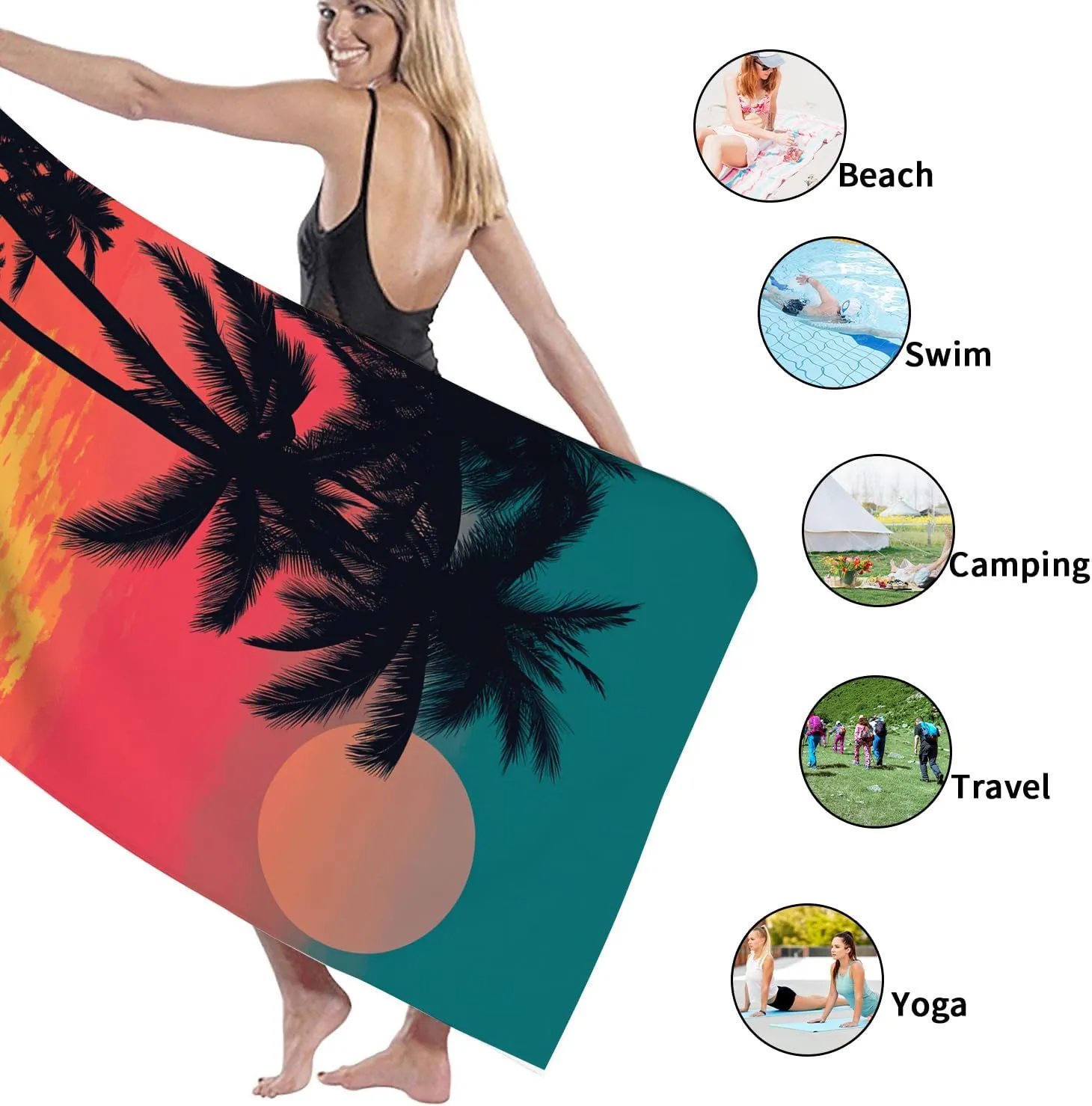 Tropical Sunset Microfiber Beach Towel Palm Trees Vibrant Design Quick Dry Sand Free Absorbent Lightweight Beach Blanket, Pool Picnic Travel Essentials 70x35 Inch