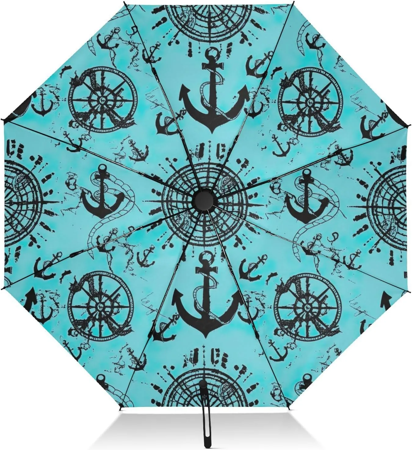 Umbrellas for Rain, Windproof Collapsible Umbrella Compact Travel, Ideal for Car, Purse, Men and Women, Nautical Anchors Teal Black
