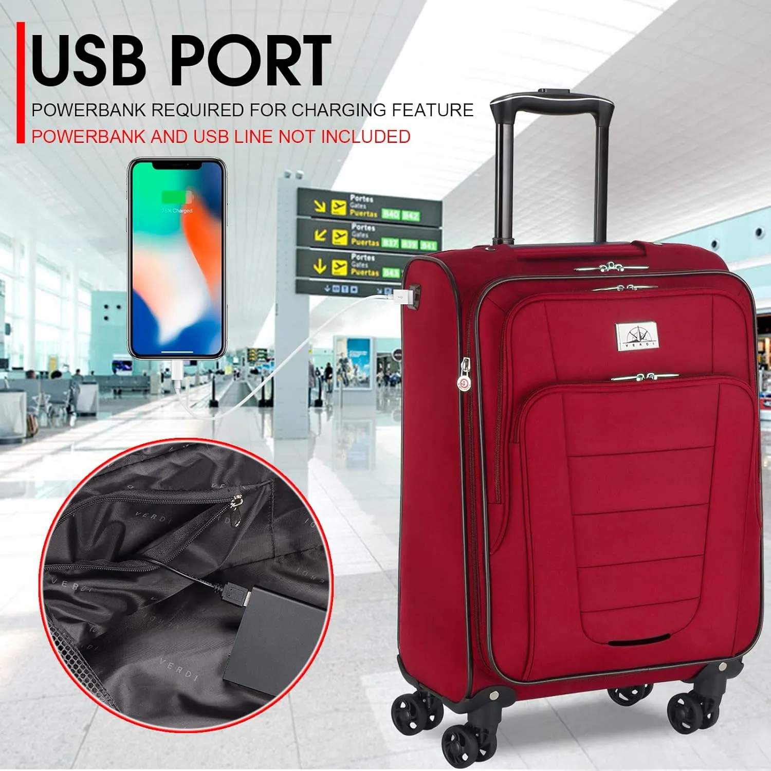 Verdi Travel Carry On Luggage with Spinner Wheels Softshell Lightweight Expandable 20 Inch Suitcase with USB Charging Port and 8-wheel Spinners Carryon Bag