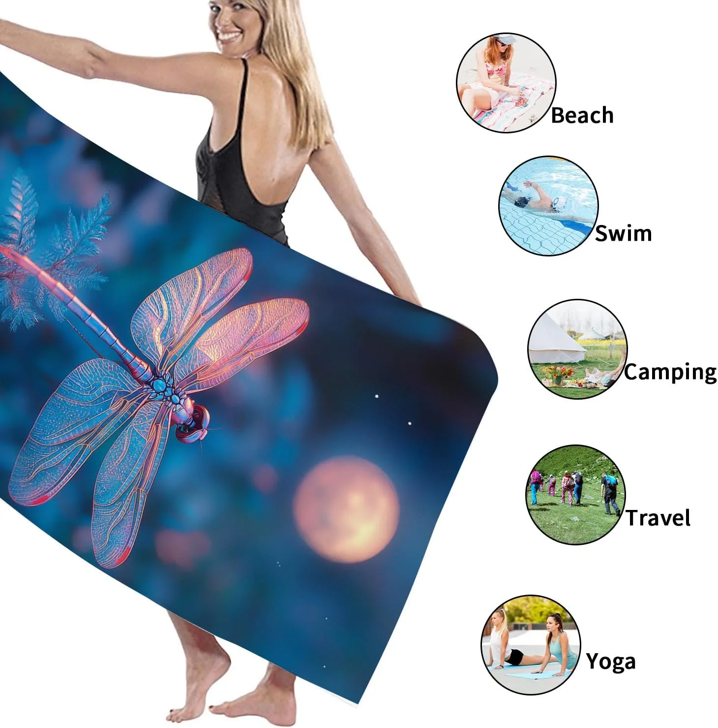 Vibrant Dragonfly Beach Towel Blue Neon Art Quick Dry Absorbent Sand Free Lightweight Bath Towel, Ideal for Vacation Pool Gym Travel Picnic Essentials 62x31 Inch