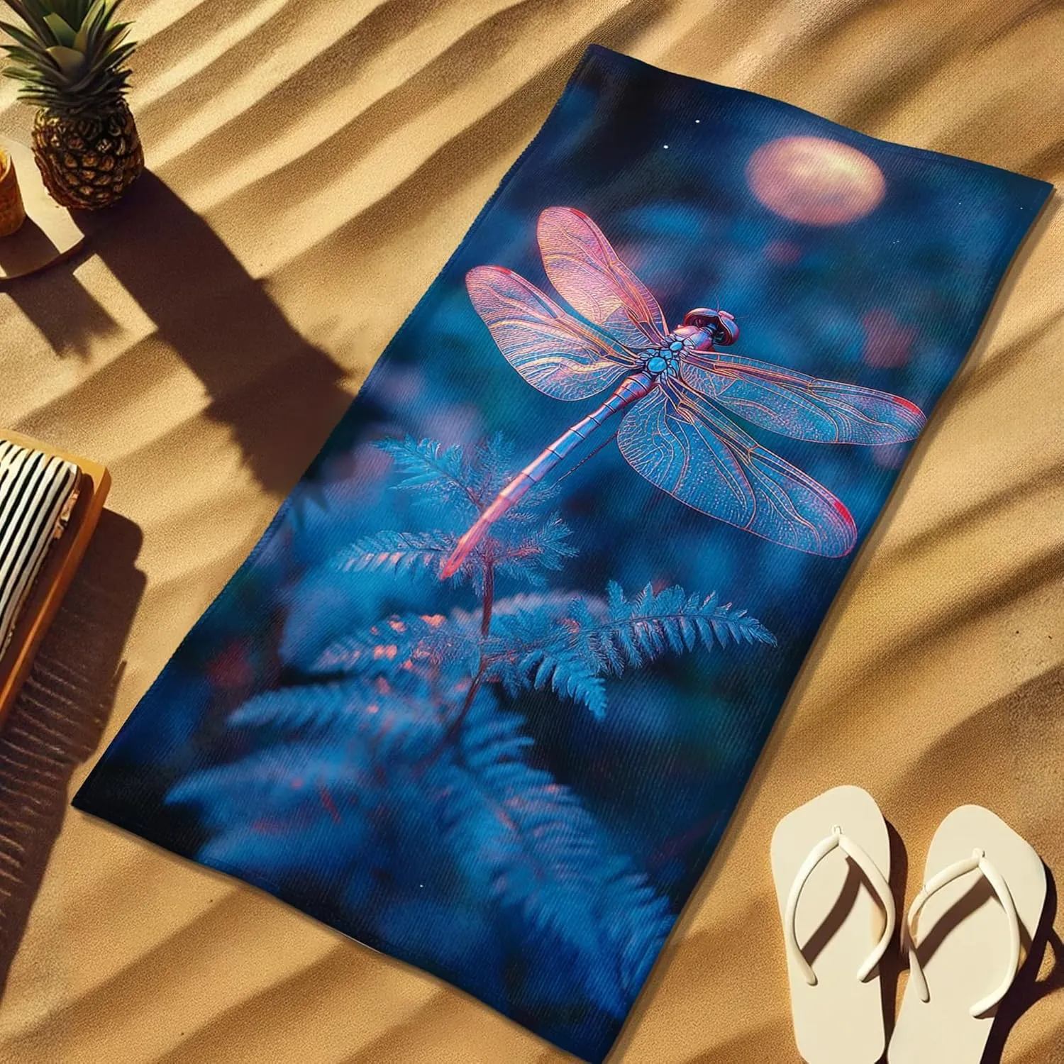 Vibrant Dragonfly Beach Towel Blue Neon Art Quick Dry Absorbent Sand Free Lightweight Bath Towel, Ideal for Vacation Pool Gym Travel Picnic Essentials 62x31 Inch