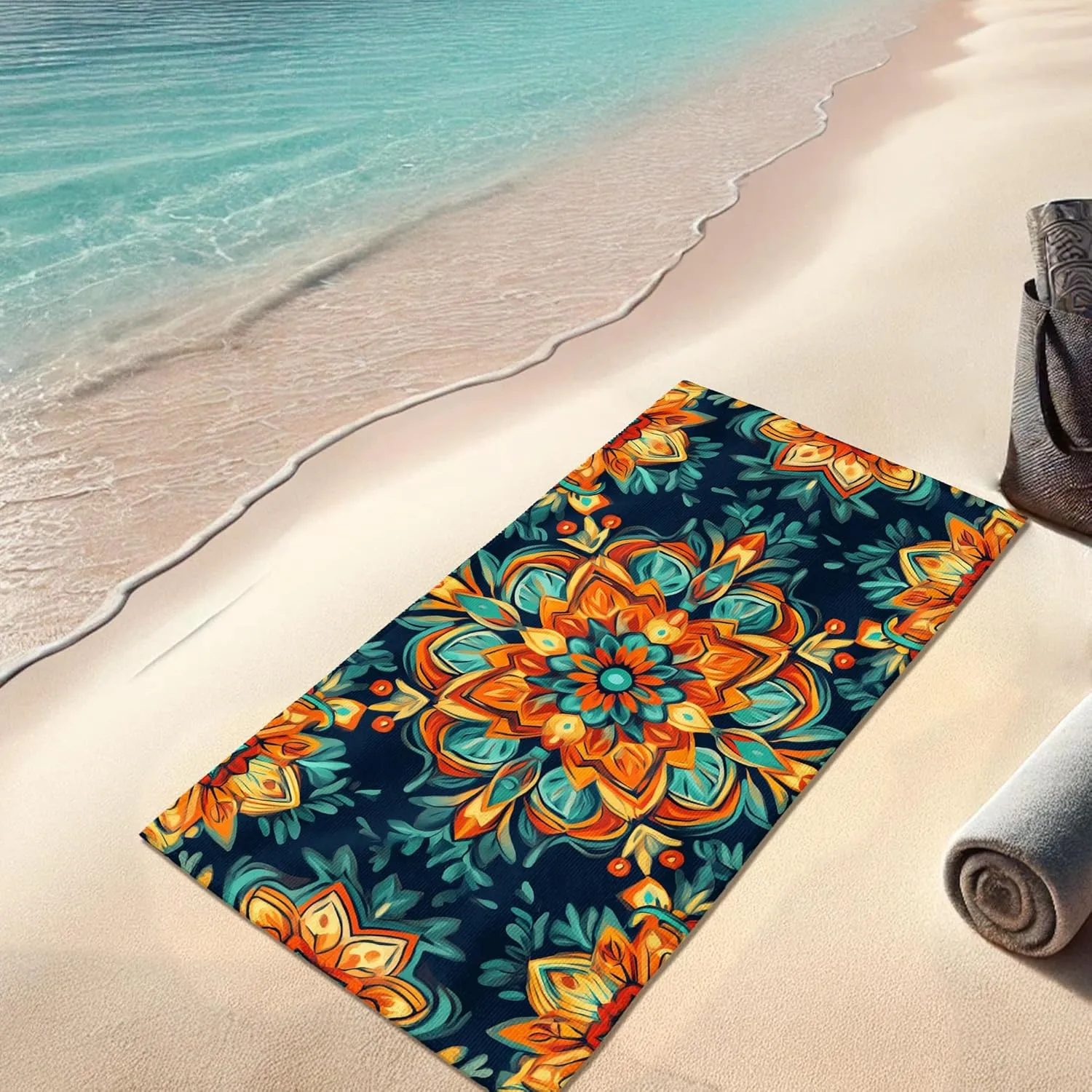 Vibrant Mandala Microfiber Beach Towel Colorful Pattern Beach Blanket, Quick Dry Absorbent Sand Free Lightweight Bath Towel, Outdoor Travel Picnic Essentials 62x31 Inch