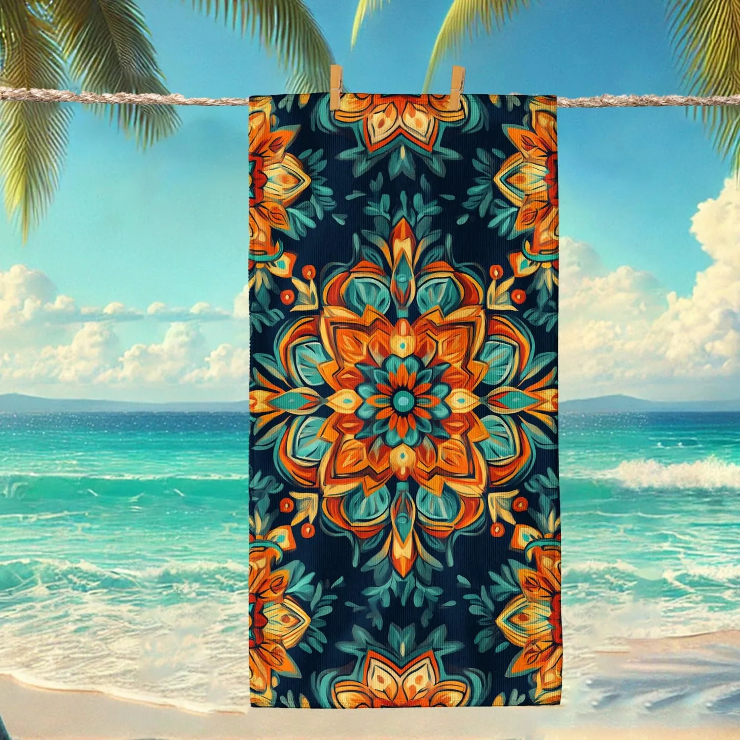 Vibrant Mandala Microfiber Beach Towel Colorful Pattern Beach Blanket, Quick Dry Absorbent Sand Free Lightweight Bath Towel, Outdoor Travel Picnic Essentials 62x31 Inch