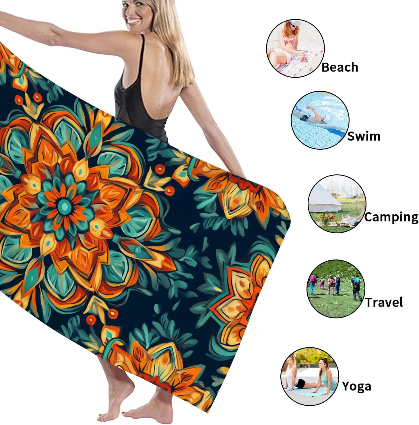 Vibrant Mandala Microfiber Beach Towel Colorful Pattern Beach Blanket, Quick Dry Absorbent Sand Free Lightweight Bath Towel, Outdoor Travel Picnic Essentials 62x31 Inch