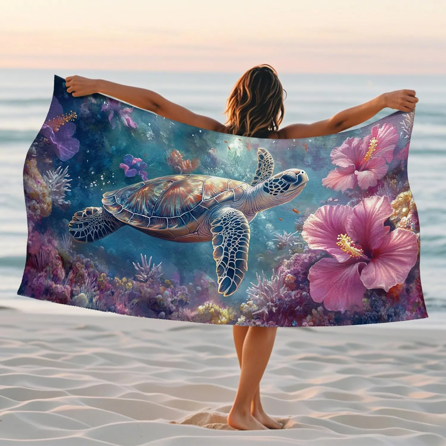 Vibrant Turtle Microfiber Beach Towel Extra Large Ocean Wildlife Bath Towel, Quick Dry Absorbent Soft Sand Free Lightweight Beach Blanket, Vacation Pool Spa Picnic Essentials 62x31 Inch