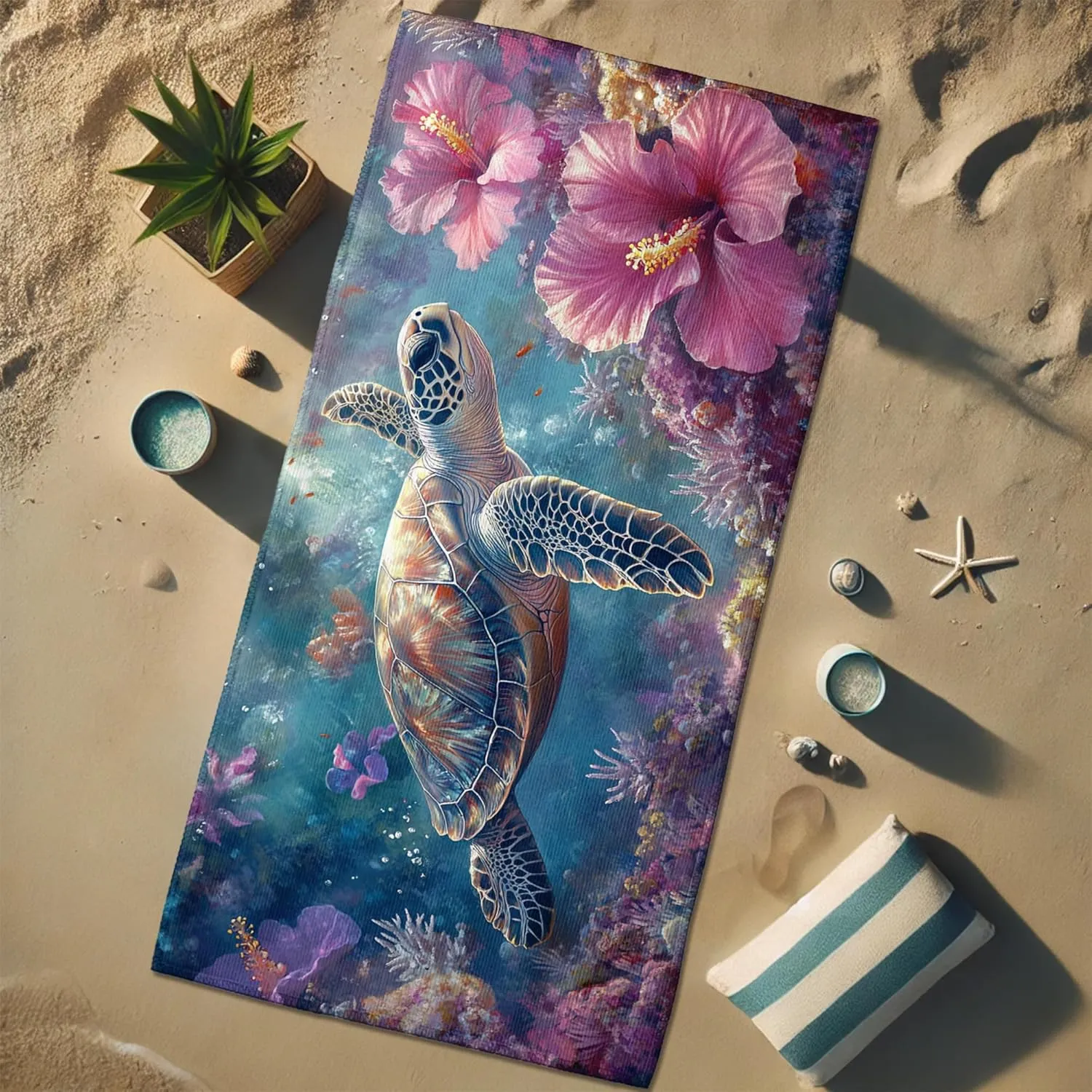 Vibrant Turtle Microfiber Beach Towel Extra Large Ocean Wildlife Bath Towel, Quick Dry Absorbent Soft Sand Free Lightweight Beach Blanket, Vacation Pool Spa Picnic Essentials 62x31 Inch