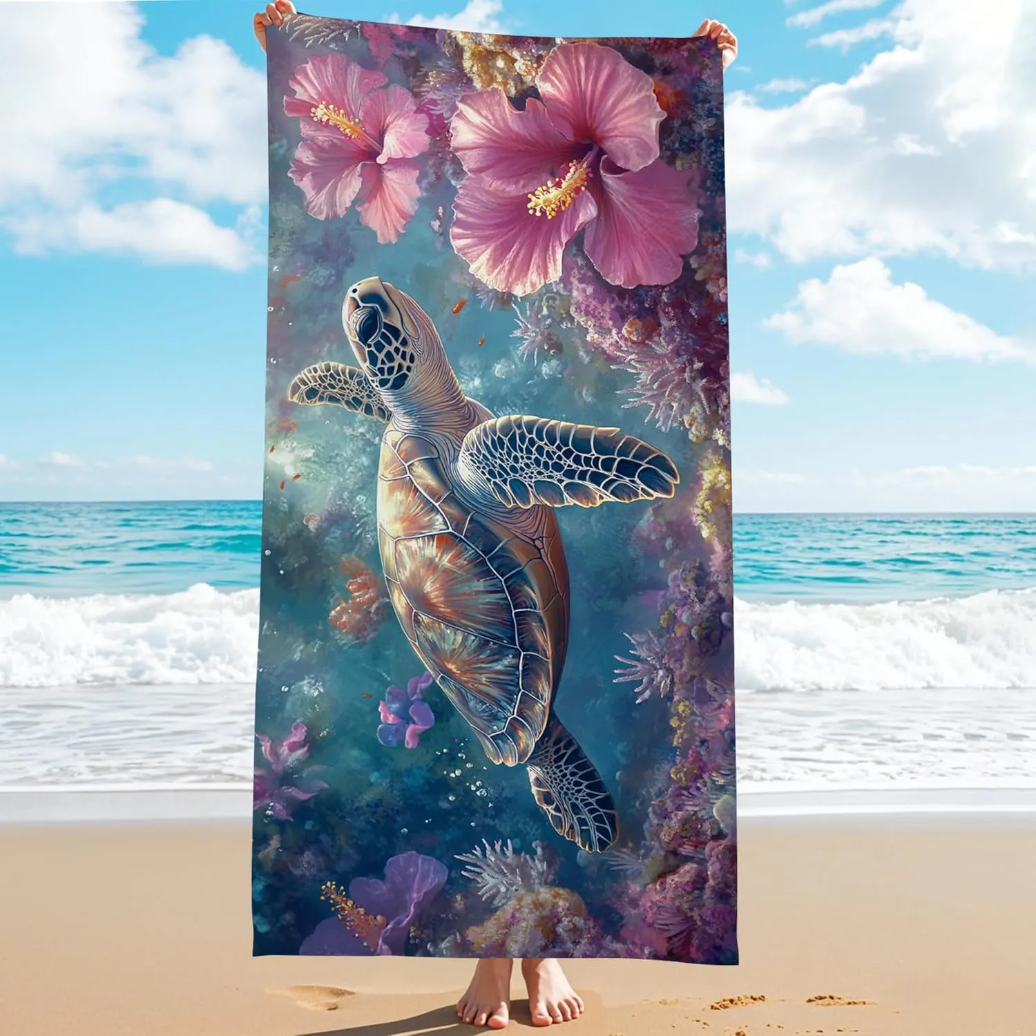 Vibrant Turtle Microfiber Beach Towel Extra Large Ocean Wildlife Bath Towel, Quick Dry Absorbent Soft Sand Free Lightweight Beach Blanket, Vacation Pool Spa Picnic Essentials 62x31 Inch