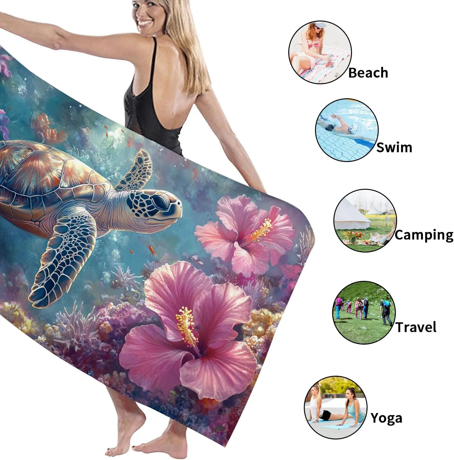 Vibrant Turtle Microfiber Beach Towel Extra Large Ocean Wildlife Bath Towel, Quick Dry Absorbent Soft Sand Free Lightweight Beach Blanket, Vacation Pool Spa Picnic Essentials 62x31 Inch