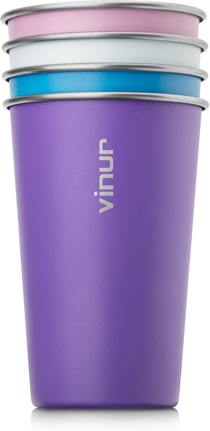 VINUR 16 oz Stainless Steel Cups 4 Pack Pint Tumbler Stackable Metal Drinking Glasses for Travel, Camping, Outdoors (Purple Pink-Sky Blue-Purple-Baby Blue)