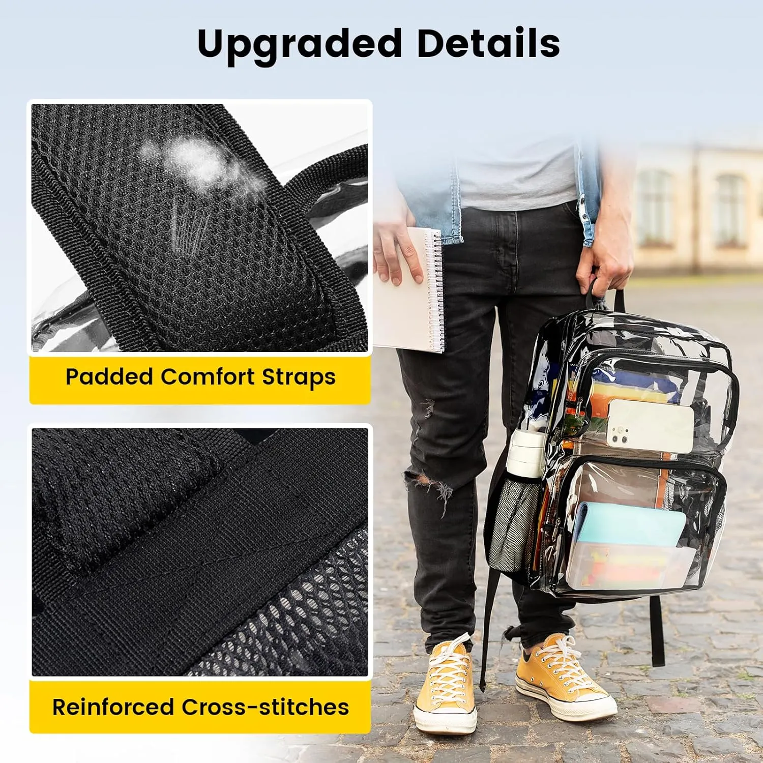 Vorspack Clear Backpack Heavy Duty - Extra Large Clear Bookbag Transparent Backpacks See Through Backpack for College Work Travel Festival - Black