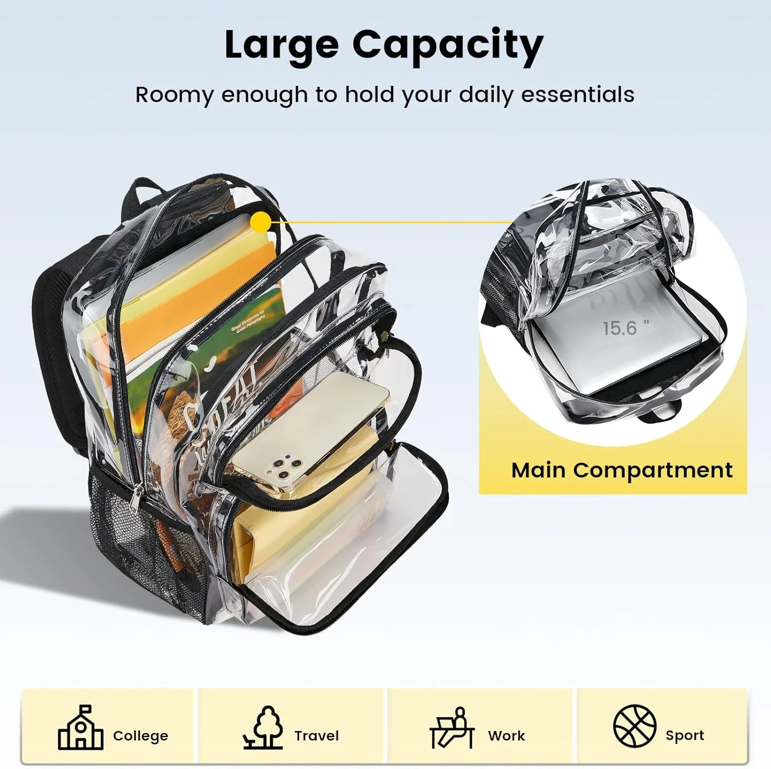 Vorspack Clear Backpack Heavy Duty - Extra Large Clear Bookbag Transparent Backpacks See Through Backpack for College Work Travel Festival - Black