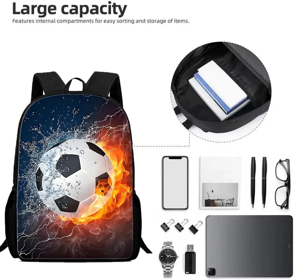 Water and Fire in Soccer Pattern Printed Backpack, Cool Soccer Printed Backpack, Multi Purpose Backpacks (#1, 17in)