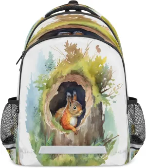Watercolor Stump Squirrel Backpack Bags Backpacks With Chest Strap And Adjustable Shoulder Strap For Sports Travel Casual Daypack