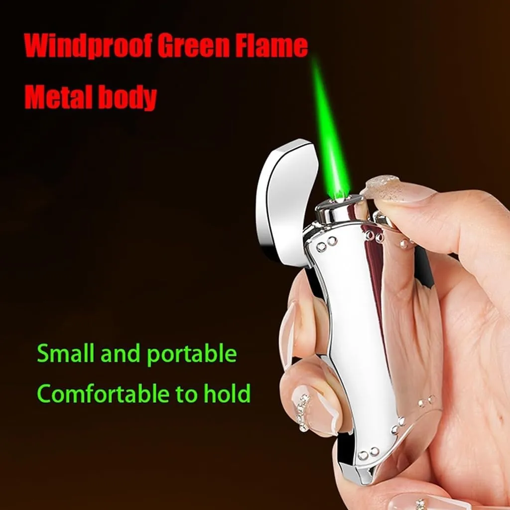 Windproof Green Flame Butane Lighter, Adjustable Flame, Refillable, Metal Slim Portable Lighters for Candle Camping Men Gift (No Butane)(Silver)
