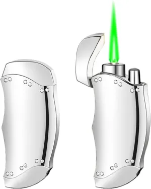 Windproof Green Flame Butane Lighter, Adjustable Flame, Refillable, Metal Slim Portable Lighters for Candle Camping Men Gift (No Butane)(Silver)