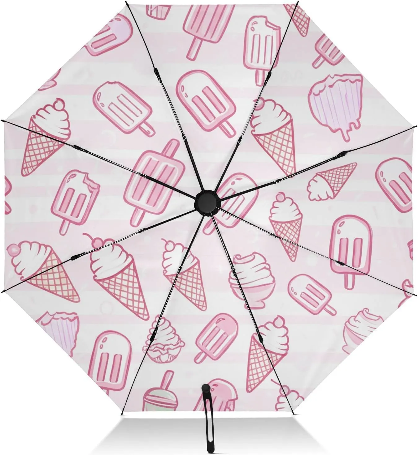 Windproof Travel Umbrella, Compact Umbrella, Auto Open Close, Backpack Purse Portable, Ideal for Women, Cute Pink Ice Cream