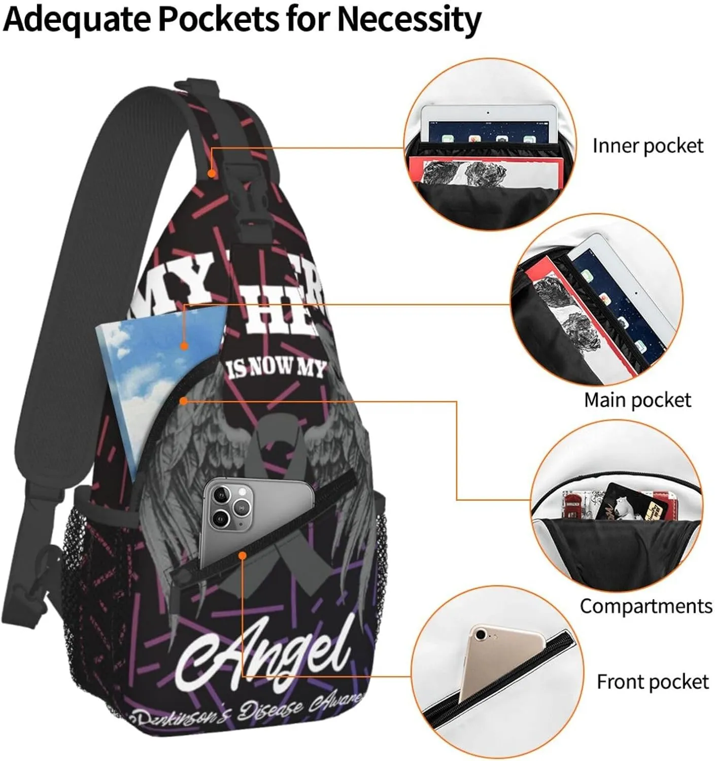 Wings Angel Parkinson'S Disease Awareness Crossbody Backpack Chest Shoulder Bag Lightweight One Strap Travel Hiking Daypack