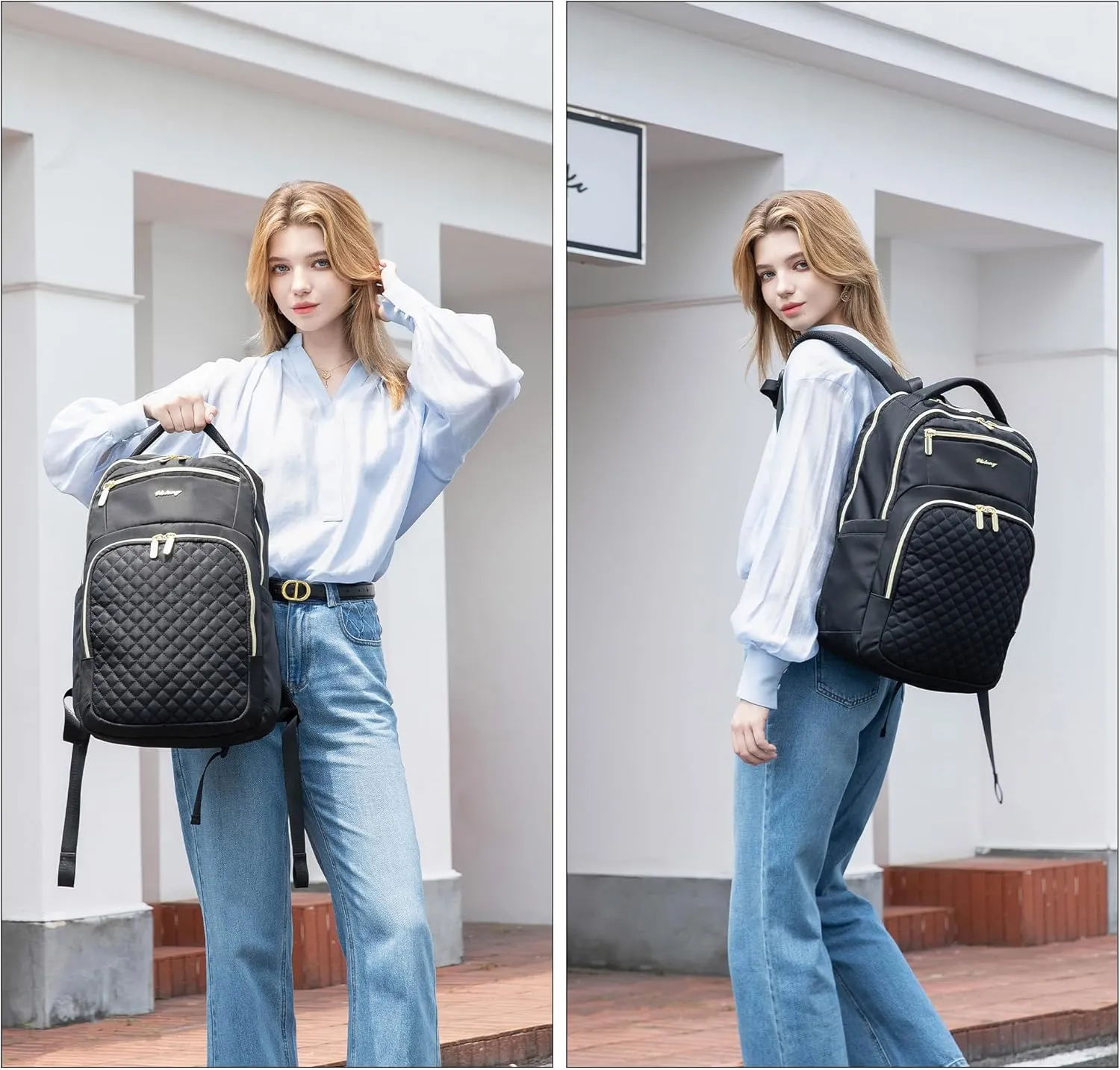 Wotony 15.6inch large capacity Laptop Backpack Purse for Women, 17inch Work Travel Computer Bags (Black/Gold, 15.6Inch)