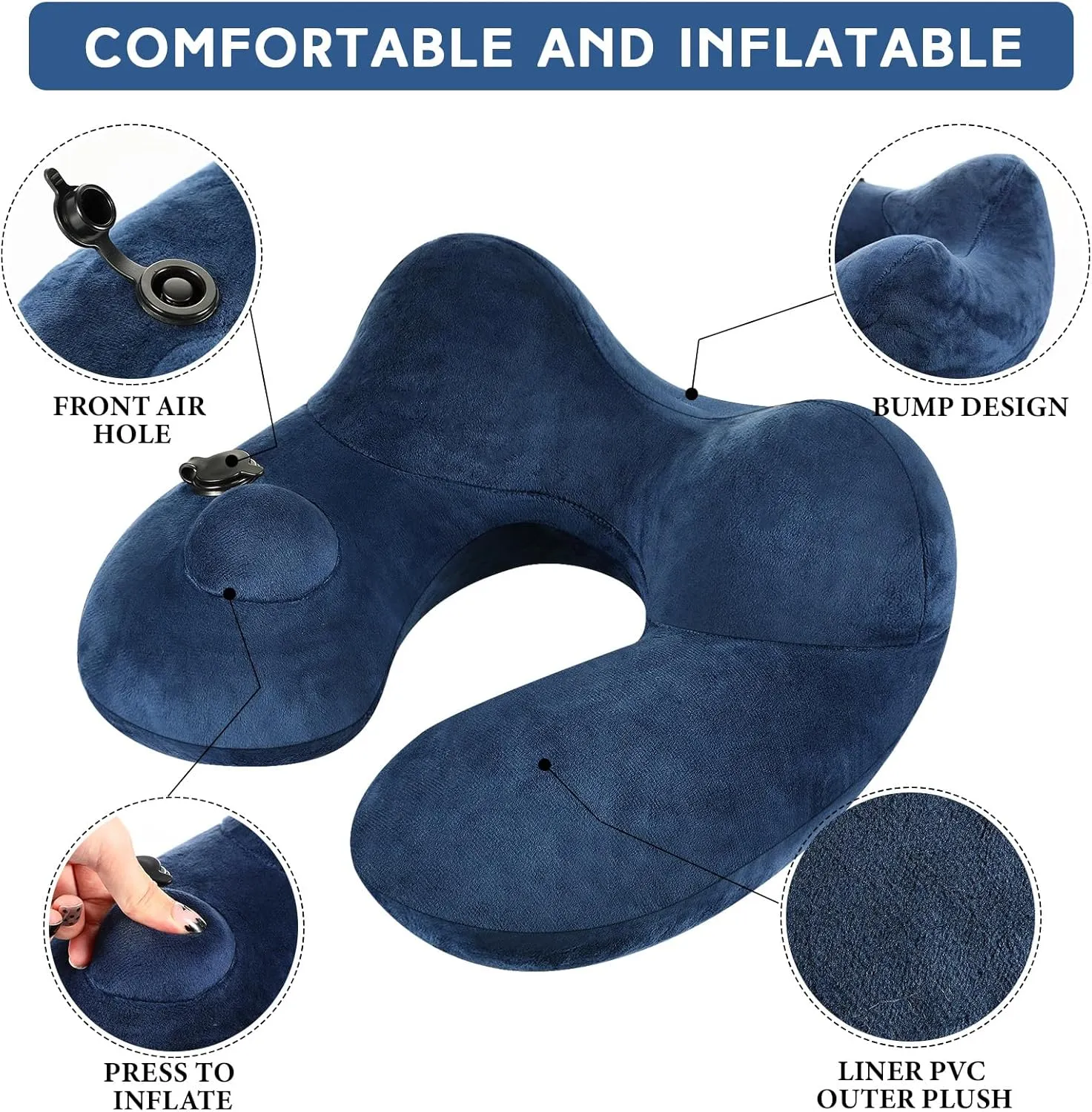 Xtinmee 2Pcs Self-Inflatable Pillow Soft Airplane Travel Pillow with Compact Bag for Long Flight Neck Cushion for Head Support Car Home Office 12.2x11.81x5.91in(Gray, Blue)