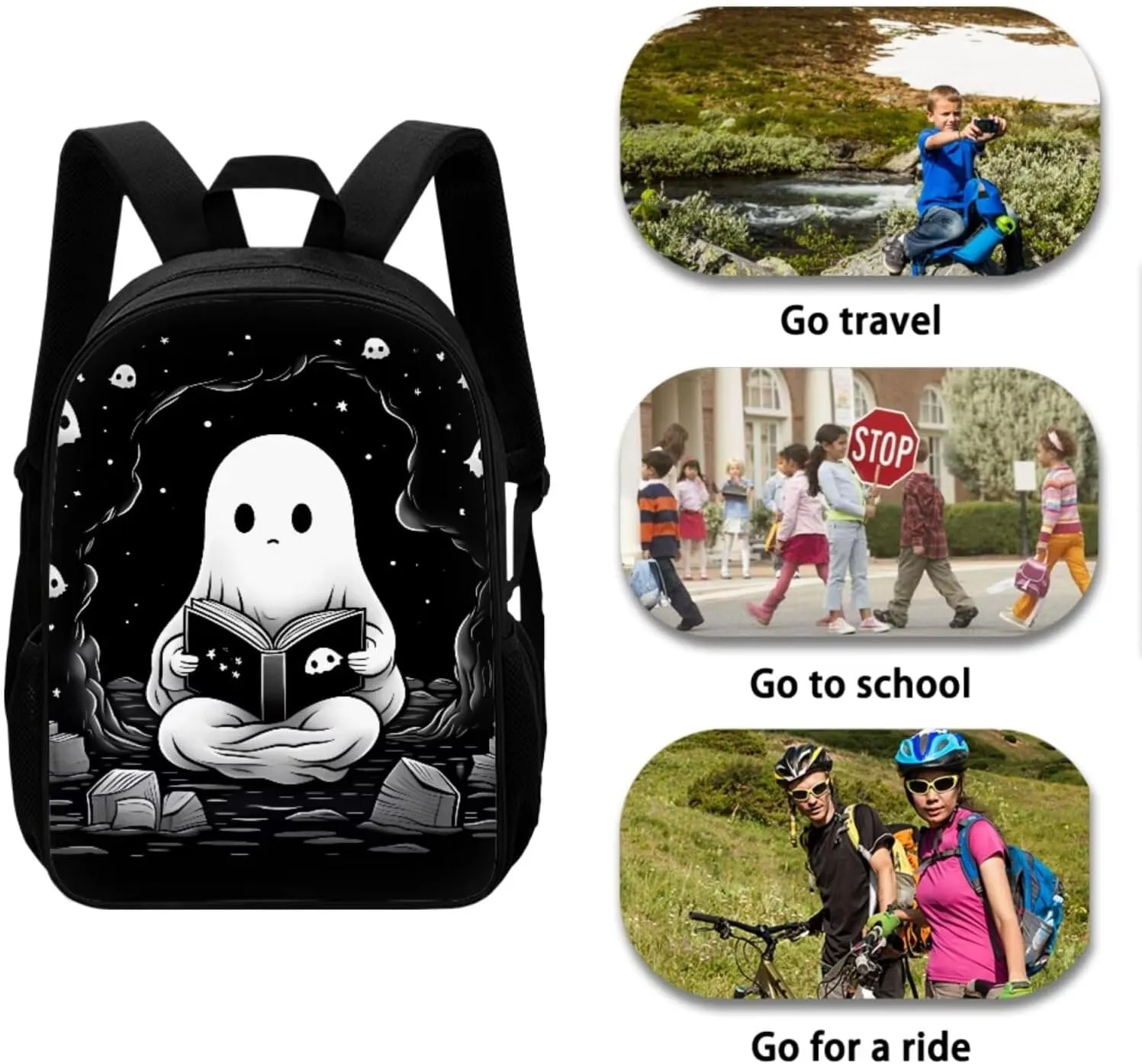 Ystardream Cute Ghost Kids Backpacks for Boys with Lunch Box and Pencil Case Lightweight School Bookbag for Teens Girls Boys 3 in 1 for Kids School Bag Book Bag Set 16 inch Black